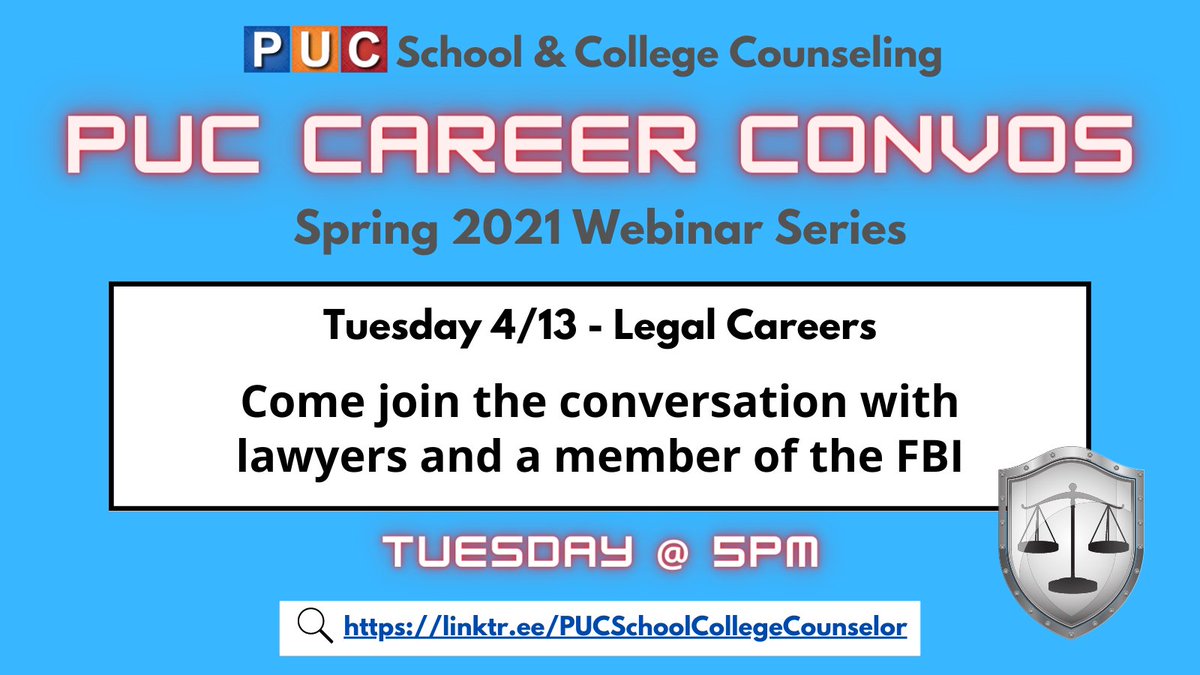 Join us for the upcoming webinar to hear from lawyers &amp; a member of the FBI!

linktr.ee/PUCSchoolColle…

Únase a nosotros para el próximo seminario web para escuchar a unos abogados y un miembro de la FBI!