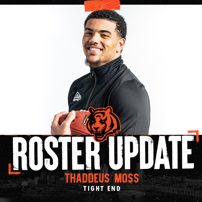 Bengals's tweet photo. We've acquired TE Thaddeus Moss on waivers from Washington.