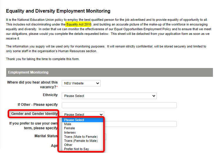 Hi  @neunion  @EHRC  @EHRCChair  @KishwerFalkner  @trussliz  @GEOgovukThe 'Equality and Diversity Employment Monitoring' section of your job application talks about 'not discriminating under the Equality Act 2010' and ensuring you meet your obligations.1/15