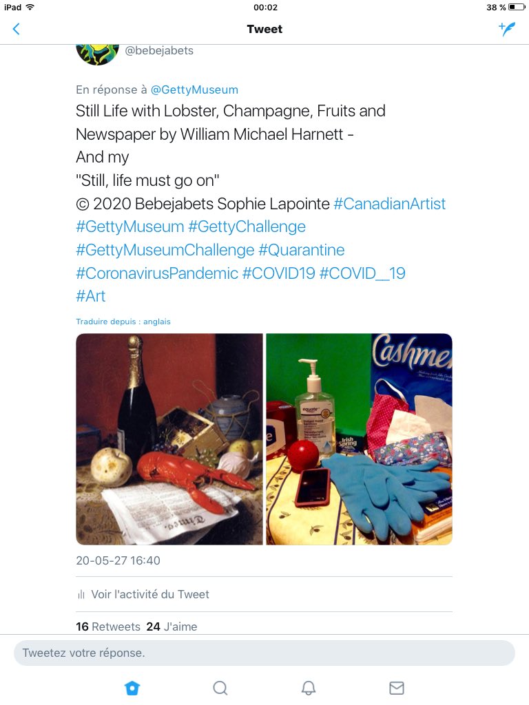 bebejabets's tweet photo. @colbertlateshow Still Life with Lobster, Champagne, Fruits and Newspaper by William Michael Harnett -
And my
"Still, life must go on"
© 2020 Bebejabets Sophie Lapointe #CanadianArtist
#GettyMuseum #GettyChallenge
#GettyMuseumChallenge #Quarantine
#CoronavirusPandemic #COVID19 #COVID__19
#Art https://t.co/4kDPeeUB6l