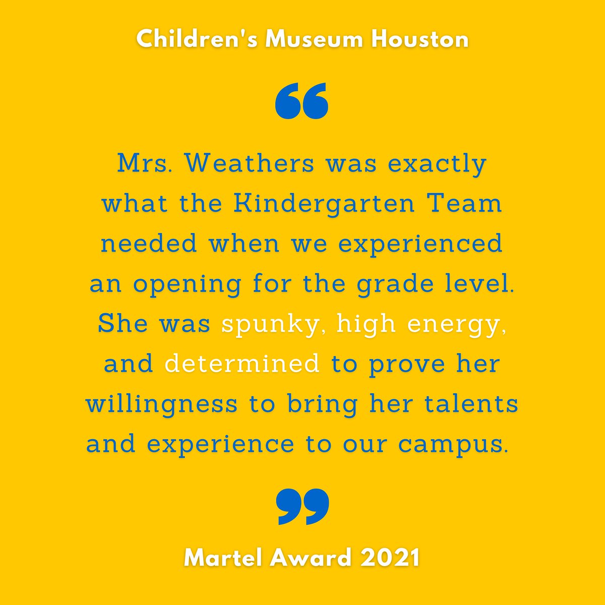 cmhouston's tweet photo. "Spunky, high energy, and determined" are just some words used to describe today's #2021MartelAward honoree, Desa Weathers. Colleagues at @GE_Eagles in @FortBendISD appreciate her charisma and willingness to take on new challenges. https://t.co/CCz44klAx6