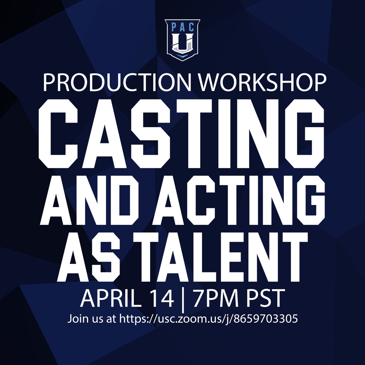 📢Join us this Wednesday for a Pac-U casting/talent workshop for the Pac-U gaming community. All students from the Pac-U are invited so please spread the word.  

⏰ Wed  4/14 7pm  PST
🔗Zoom link: usc.zoom.us/j/8659703305

#PacUGaming // #BackThePacU