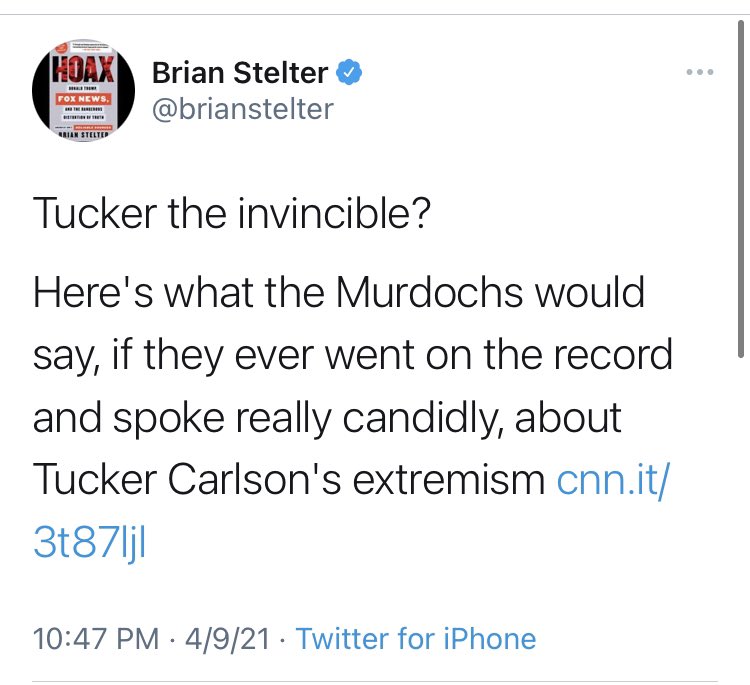 And forget just the networks.  @brianstelter has tweeted about Tucker Carlson *six times* in just the last three days. Here are some.