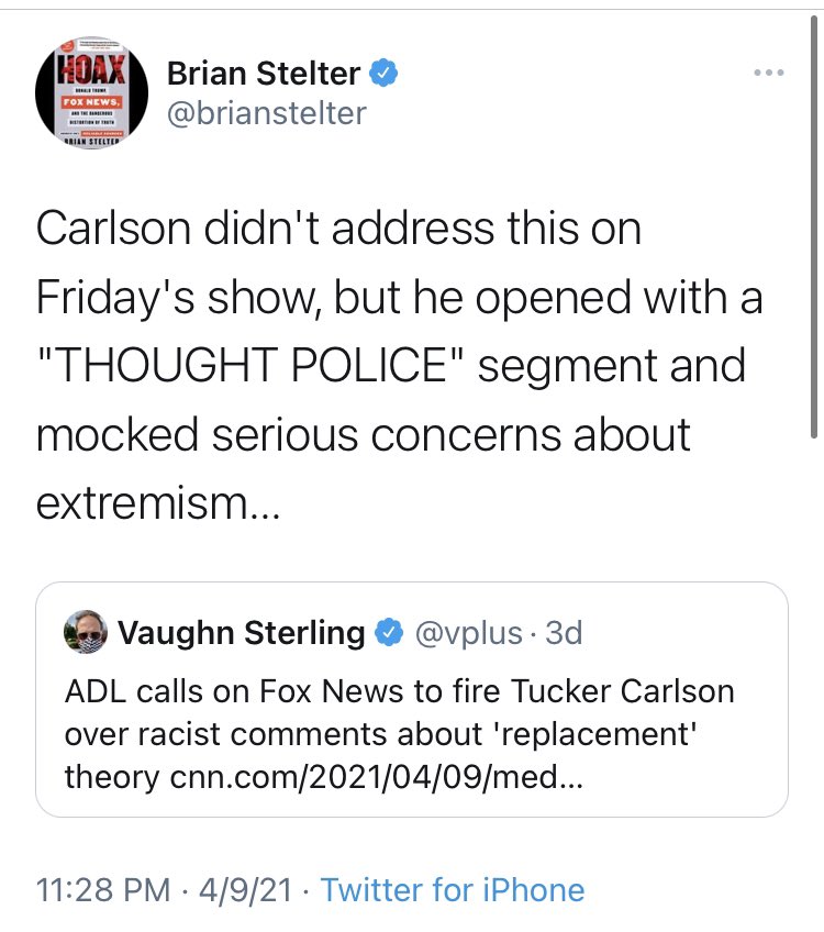 And forget just the networks.  @brianstelter has tweeted about Tucker Carlson *six times* in just the last three days. Here are some.