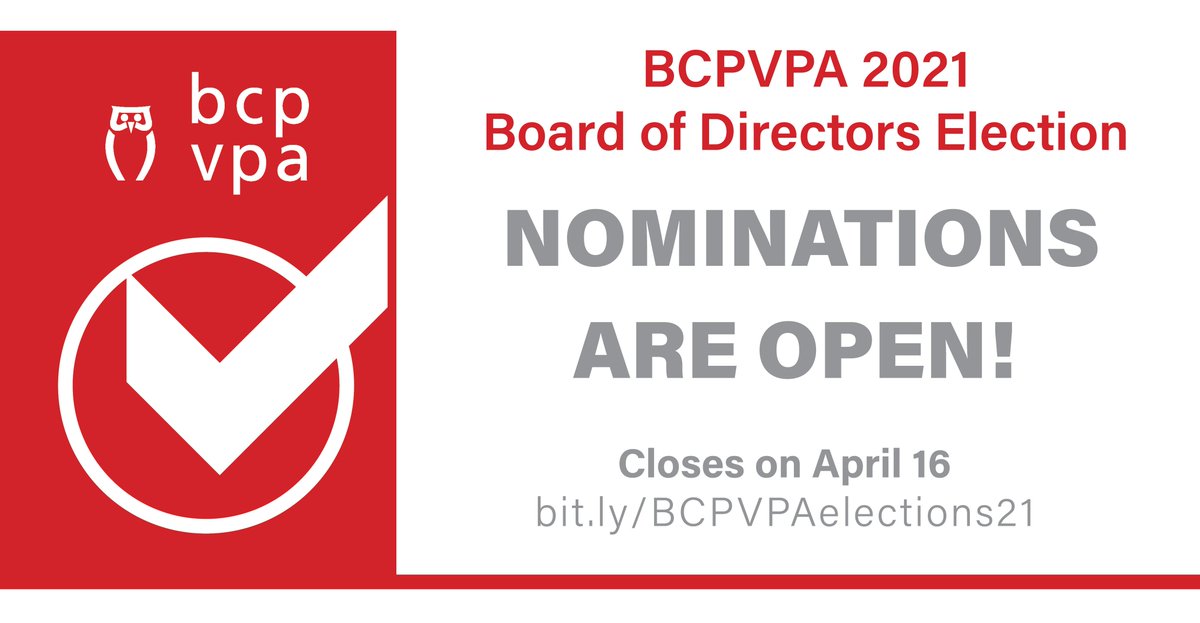 BCPVPA's tweet photo. Only a few more days to submit your nominations for our @BCPVPA Board of Directors Elections! This is your chance to nominate one President-Elect &amp; five Directors to the BCPVPA Board. Voting will take place in May. https://t.co/uAchntmE7A - submit by Apr 16! https://t.co/uAFxVH88ct