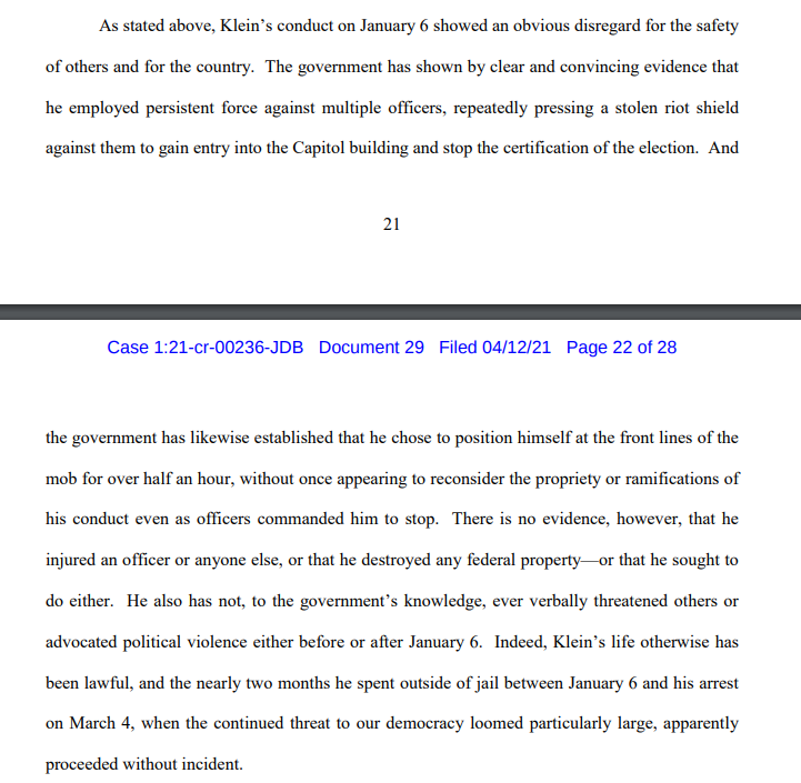 JordanOnRecord's tweet photo. #CapitolRiot: Today a federal judge – despite finding that Trump appointee #FedericoKlein showed an "obvious disregard for the safety of others and the country" and that he has "demonstrated willingness to use force to advance his personal beliefs" – can be released on bond. https://t.co/QqZ9lNaPrr