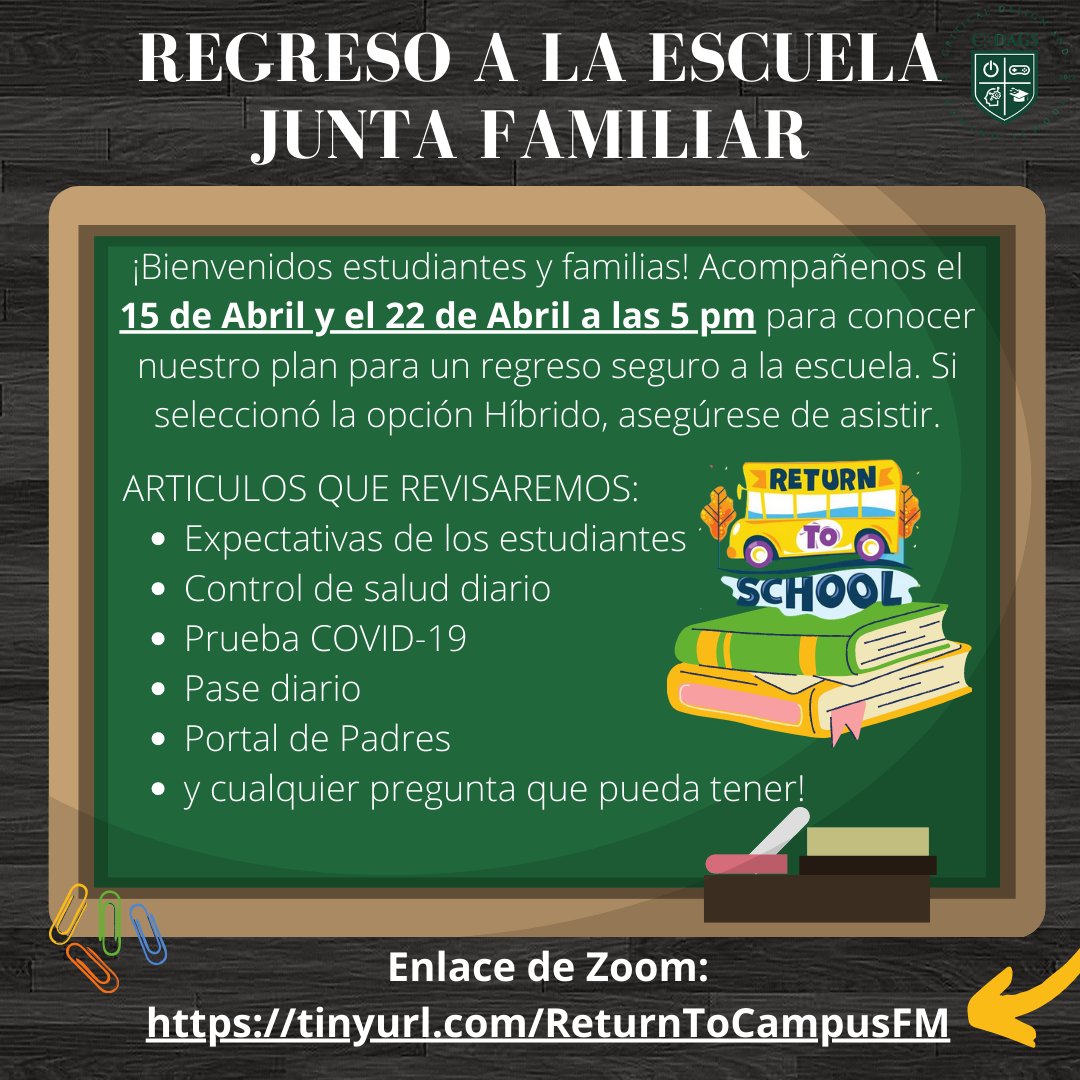cdagsLA's tweet photo. CDAGS families: Join us on April 15th or April 22nd at 5pm to learn about our plan for a safe return to classes on campus! Familias de CDAGS: ¡Únase a nosotros el 15 de abril o el 22 de abril a las 5pm para conocer nuestro plan para un regreso seguro a las clases en el campus! https://t.co/0RJnbTJilu