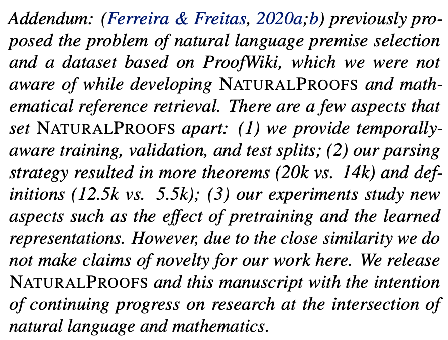 kchonyc's tweet image. it&apos;s a double-embarrassment day. NaturalProof in wellecks.github.io/naturalproofs/…, which i loved working on, turned out also to be a repetition of the work by Deborah Ferreira arxiv.org/abs/2004.14959.