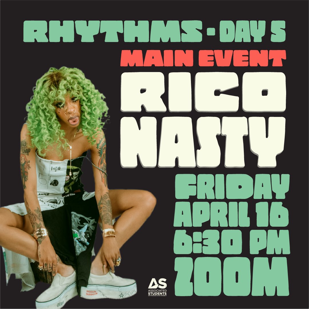 it’s Rhythms week, and we want to share an *IMPORTANT* update: Rhythms main event with @Rico_nastyy on Friday will be starting at 6:30PM. We repeat, RHYTHMS MAIN EVENT WITH RICO NASTY WILL BE STARTING AT 6:30PM.

You still have time to join the fun. Registration link in bio! 😎