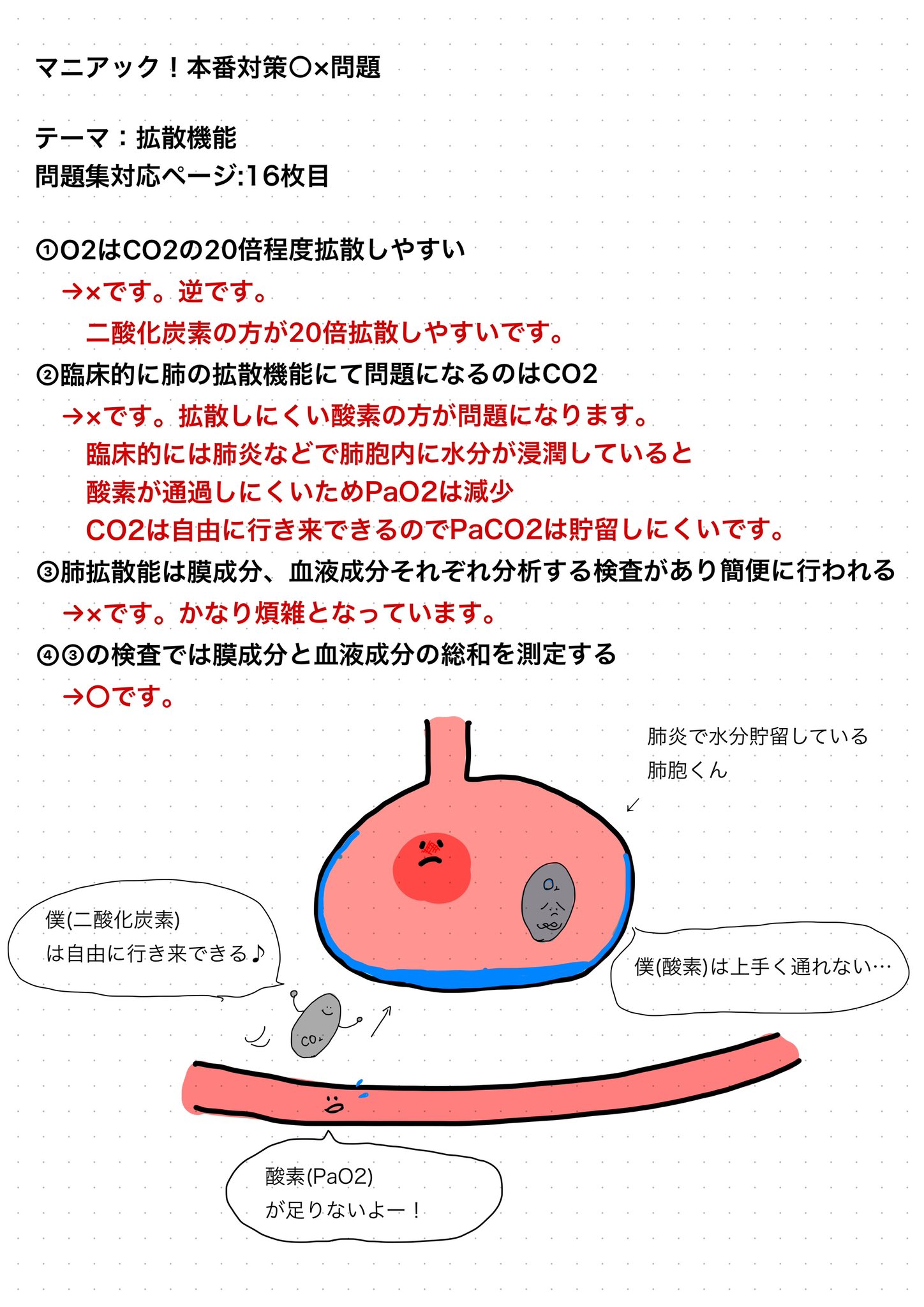 Pt Ponta マニアック 本番対策 問題 テーマ 拡散機能 問題集対応ページ 16枚目 O2はco2の倍程度拡散しやすい 臨床的に肺拡散機能で問題になるのはco2 肺拡散能は膜成分 血液成分それぞれ分析する検査があり 簡便に行われる の検査では膜