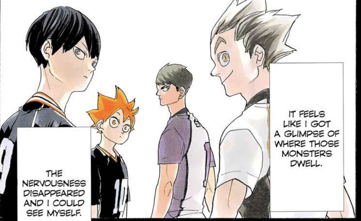 hinata, on the other hand, needed the illusion in order to become a monster. he's always been one, but key factors like the jersey number help to secure his confidence in his status. he's always been a monster, the little giant just draws it out of him.