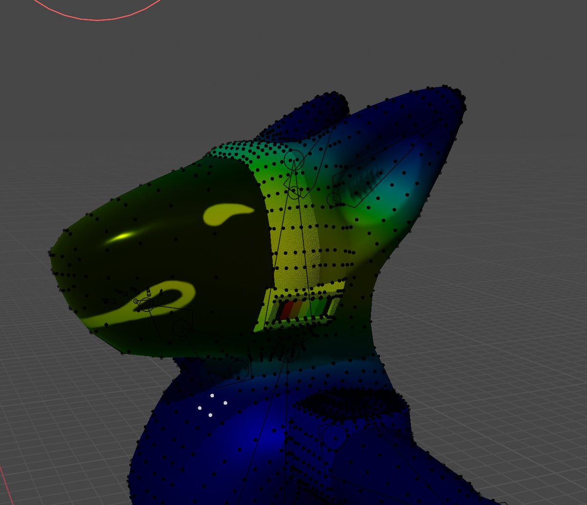 This is weight paint mode. In laymen's terms, it highlights what parts of the mesh will follow other parts, such as the bones, or with particle effects, like the fur I was playing with yesterday. This is the map for the head bone, and you can see how it's not properly mapped