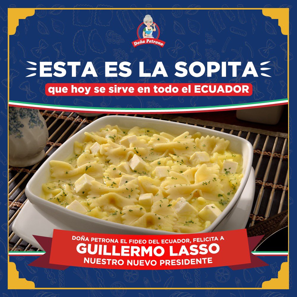 DonaPetrona's tweet photo. Doña Petrona el Fideo del Ecuador, felicita a @LassoGuillermo nuestro nuevo Presidente. https://t.co/UJMakXijH7