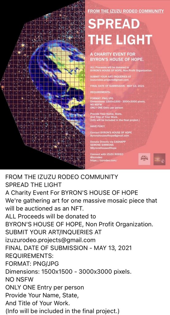 Any designer want to participate in a charity event?
Collecting pieces of digital artwork to make a mosaic that will auction off as an #NFT for Byron’s House of Hope
If so, DM me 🙂