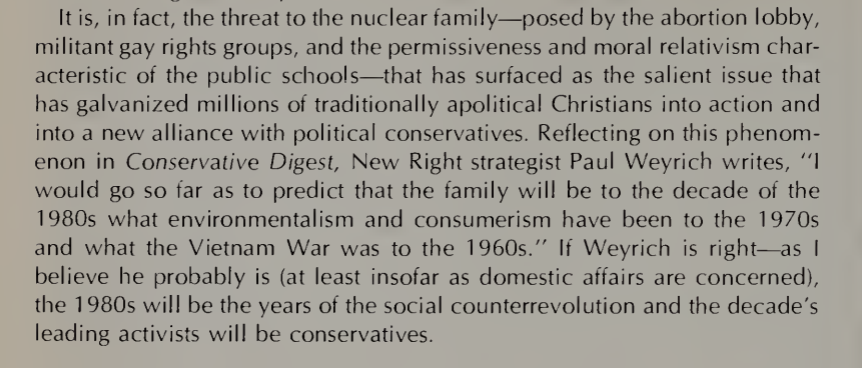 A key shift in usage occurred in the late 1970s and early 1980s with the New Right and paleoconservative dissent against movement conservatism and the perceived failures of Reagan. See Tar Heel and former YAF member Clyde Wilson: 12/