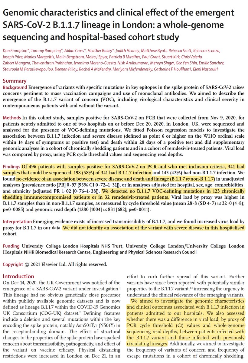 A new study  @TheLancetPH today questions the higher B.1.1.7 lethality in a small sample of hospitalized patients with viral sequencing, before there was resource limitation  https://www.thelancet.com/journals/laninf/article/PIIS1473-3099(21)00170-5/fulltext  https://twitter.com/EricTopol/status/1377358072314654720