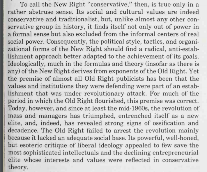 The New Right and Paleoconservatives theorized a counterrevolution, not against global Marxism, per Chambers, but against a changed America. Sam Francis was the key theorist. Francis saw conservatism as a failure, and that a right-wing future must be counterrevolutionary. 14/