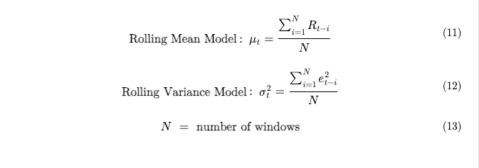 4/x We need to formulate an equation that maps the past returns into a prediction of the mean and another equation that maps the past returns to predict the variance. This is accomplished by using "rolling" models (rolling mean model & rolling variance model).