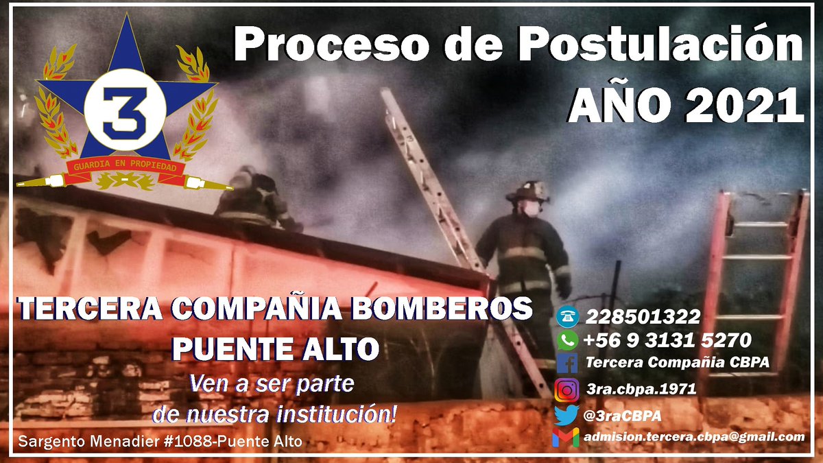 Hemos abierto nuestro proceso de postulacion 2021, ven y se parte de esta gran institución junto a la Tercera Compañía del Cuerpo de Bomberos de Puente Alto. 

Te esperamos!