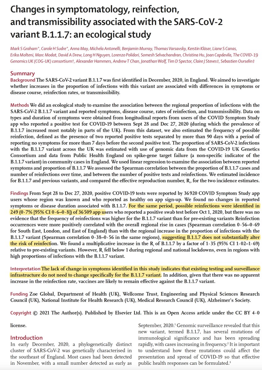 Another study  @TheLancetInfDis confirms higher transmissibility of B.1.1.7 (as did the other, vs ancestral strain) and highlights its lack of reinfection risk (cf ancestral)  https://www.thelancet.com/journals/lanpub/article/PIIS2468-2667(21)00055-4/fulltext