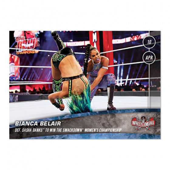 Haven’t criticized  @Topps in a while.After Saturday night’s amazing  @SashaBanksWWE vs  @BiancaBelairWWE match, me & Sophia (8yo) eagerly anticipated the  #ToppsNow card for Bianca’s victory.What we got was a poorly chosen, horizontal photo. @WWE @WWEUniverseCont...1/3