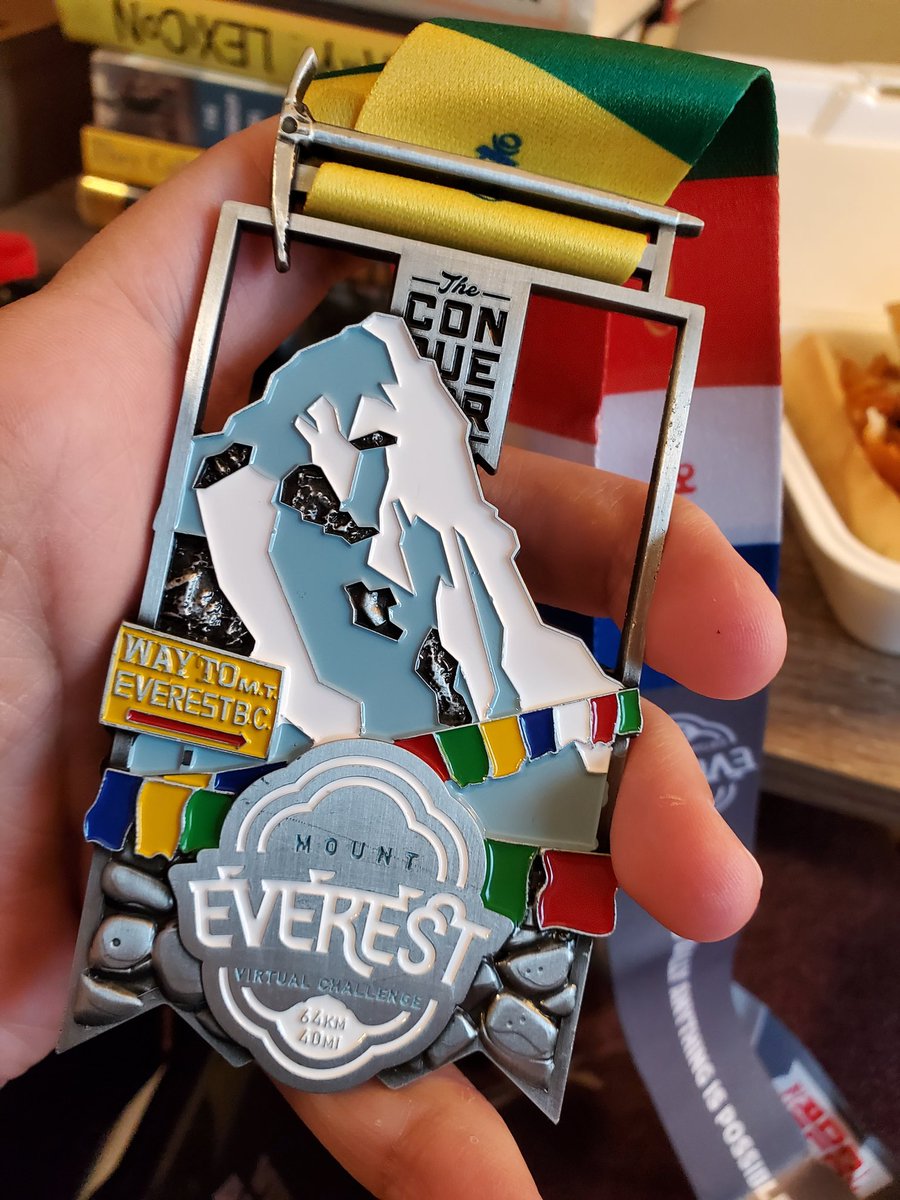 Vetack's tweet image. Loving these virtual running challenges when you get a medal like this after finishing. #TheConquerorChallenge Climbing Everest from Hollis.