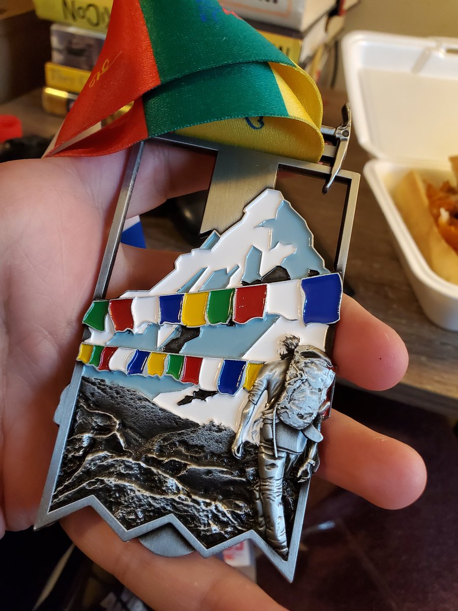 Vetack's tweet image. Loving these virtual running challenges when you get a medal like this after finishing. #TheConquerorChallenge Climbing Everest from Hollis.