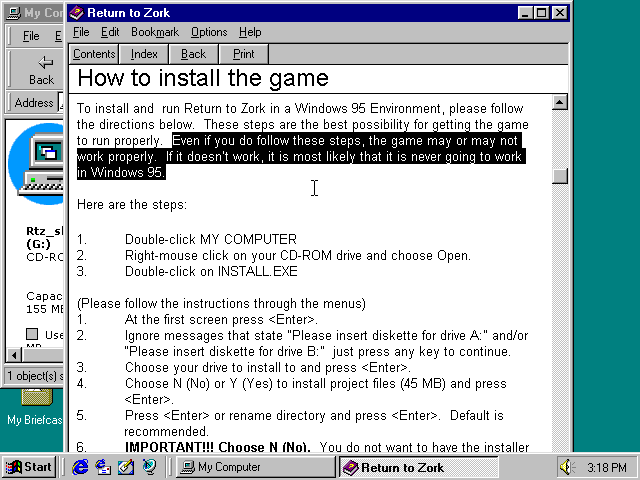 TrembyleRTZ's tweet photo. Before Dosbox existed, a publisher's instructions were to just HOPE the game ran, and if it didn't ... oh well, it's NEVER gonna work! #dosbox #win95 #msdos #returntozork https://t.co/5uN75kuw5Y