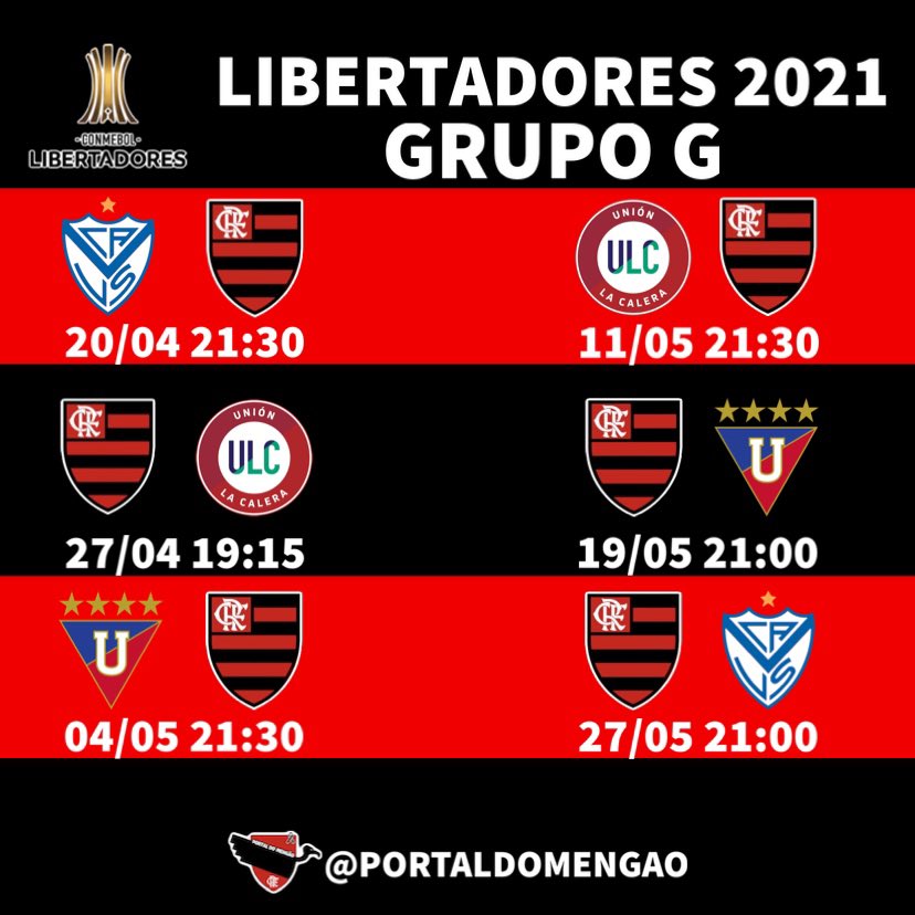 Portal Fla on X: A #Conmebol divulgou a tabela detalhada do #Flamengo na  #Libertadores 2021! Confira abaixo os jogos na fase de grupos da competição  continental: #PortaldoMengao  / X