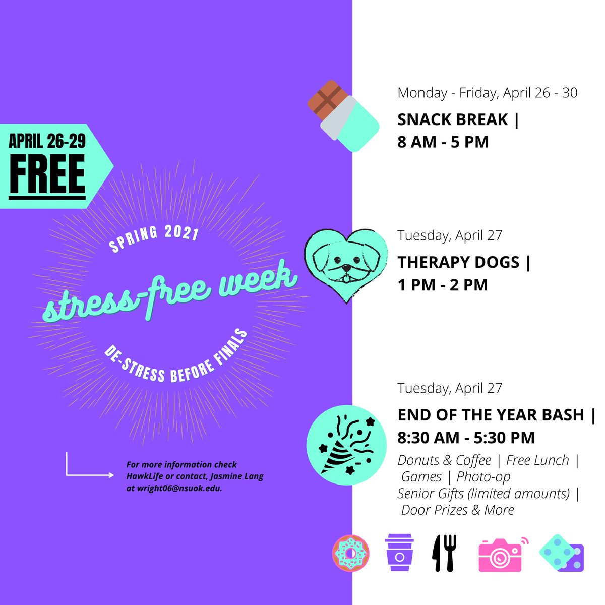 End of the Year Bash TODAY! Admin Services 2nd Floor

Morning Break: Donuts, Coffee &amp; Juice
Lunch Break: Hot Dogs, Chips &amp; Cookies
Afternoon Break: Cheese Sticks &amp; Mini Tacos

Door Prizes, Giveaways, Games &amp; More

Therapy Dogs 1:00 PM - 2:00 PM