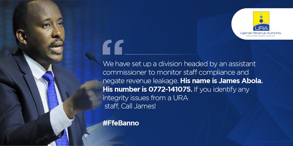Dear Taxpayers, should you ever identify any integrity issue concerning any of our staff, better call James on 0772-141075📞! 

Let us tackle corruption together. 

#FfeBanno