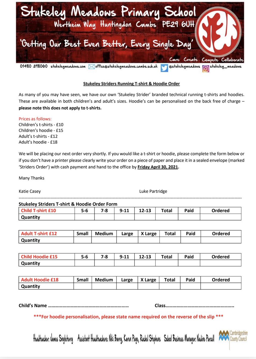 StukeleyStrider's tweet image. 🏃🏼‍♀️STRIDERS TOP ORDER 🏃🏼‍♀️ - please see ParentMail for details... orders need to be in by Friday 30th April please 👍🏻 @stukeleymeadows