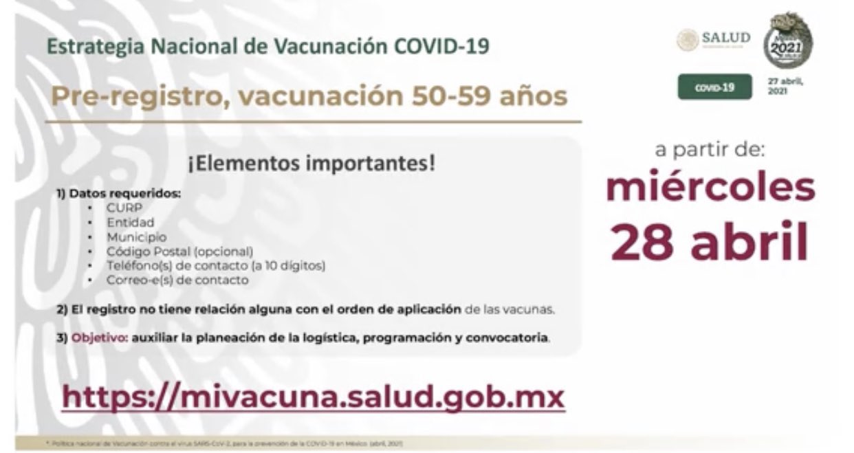 Citlalli Hernandez M Ø¹Ù„Ù‰ ØªÙˆÙŠØªØ± A Partir De Manana Iniciara El Pre Registro De Vacunacion Para La Poblacion Que Tiene Entre 50 Y 59 Anos El Plan Es Iniciar En La Primera Semana