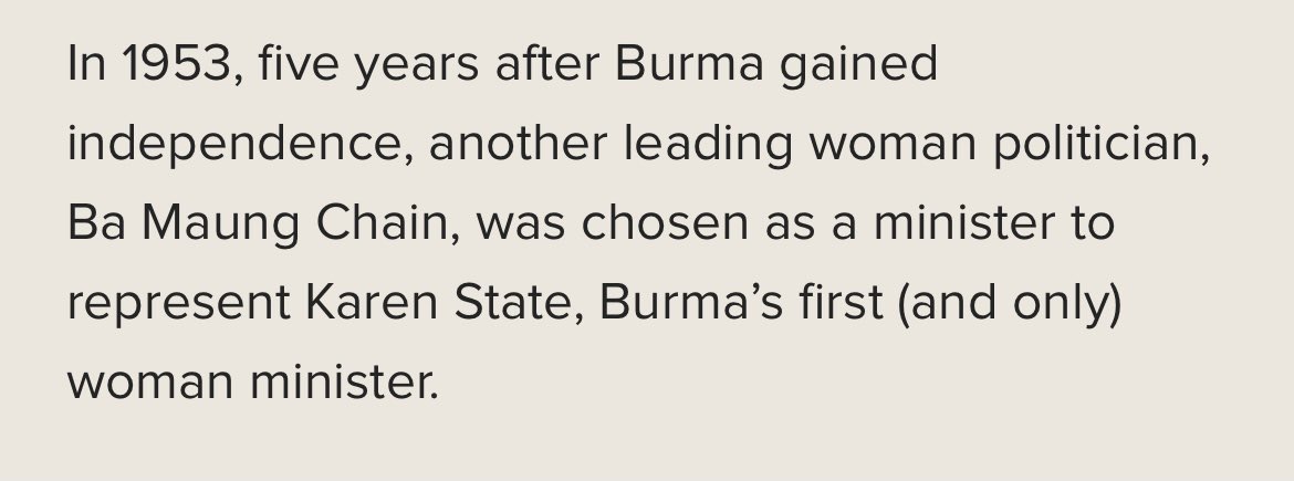 Finally, in 1952, Claribel Ba Maung Chain become Myanmar’s first woman Minister, when she was appointed by the Burmese government as Head of the Ministry for Karen Affairs. https://www.irrawaddy.com/specials/on-this-day/day-burmas-1st-female-minister-took-office.html  http://bios.myanmar-institut.org/2018/10/03/claribel-ba-maung-chain-irene-po-1905-1994/ #WhatsHappeningInMyanmar