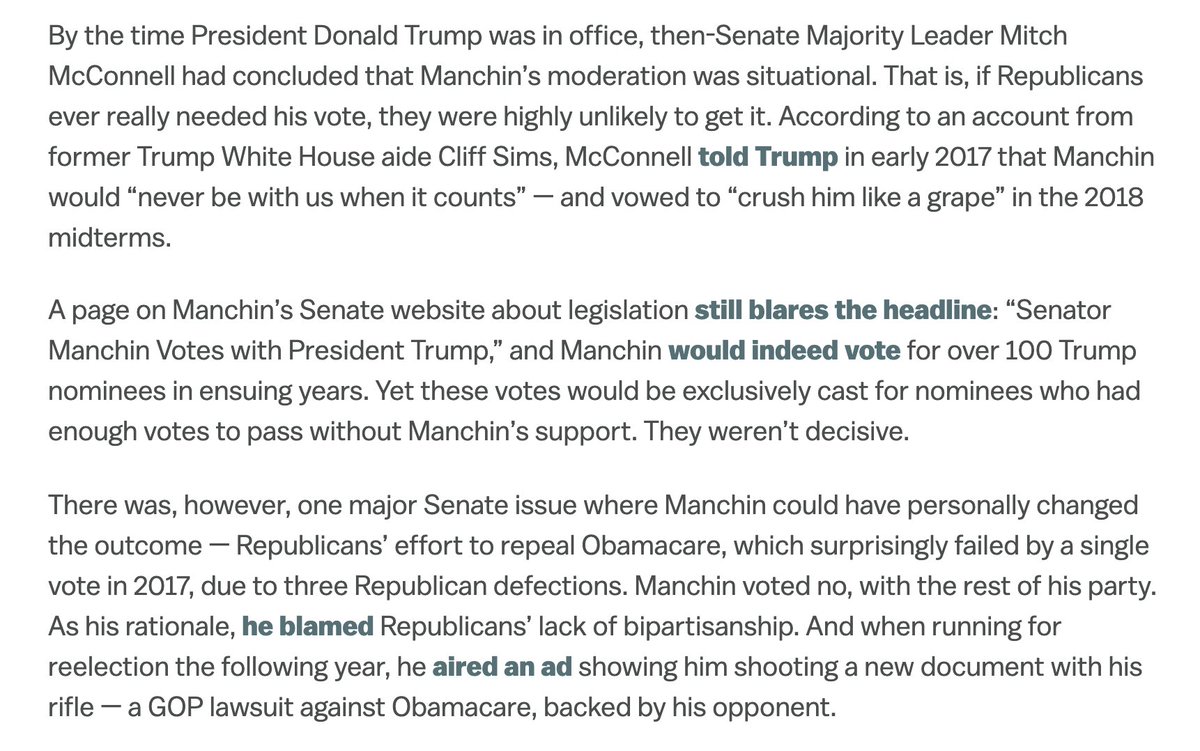 In the Senate, Manchin has the most conservative voting record of any Democrat. Yet his vote has had a tendency to materialize when Democrats really need it — such as in saving Obamacare, or passing Biden's stimulus.  https://www.vox.com/22339531/manchin-filibuster-bipartisanship-senate-west-virginia