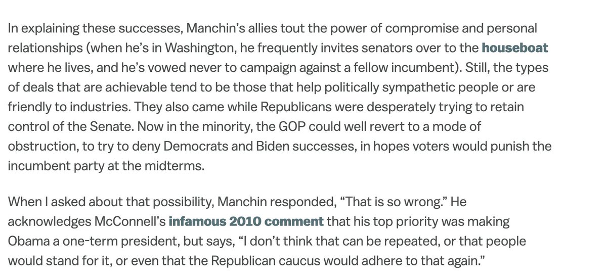 Manchin has been involved in many bipartisan deals, on issues like rescuing miners' pensions, energy policy, and of course last December's Covid relief package.But these came while Republicans were trying to keep control of the Senate. Unclear whether they'll continue
