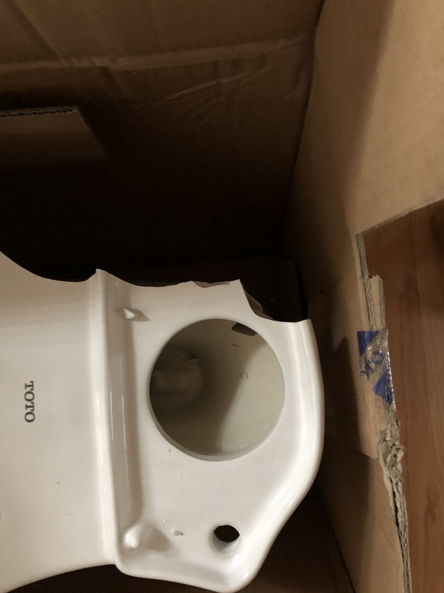Elvhegee's tweet photo. #HomeDepot second toilet I had to order online and wait two weeks for...second one broken. Now a month and still not a toilet that isn’t broken. This is unacceptable. https://t.co/GKqu56MtQE
