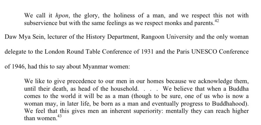 Despite these advances, our greatest women still saw men as head of the household, thanks to dated views of Buddhism and animism (i.e. religion).The Myanmar military and fake monks then spent 60 years reinforcing this bullsh!t. https://etheses.bham.ac.uk/id/eprint/2981/1/Gay11PhD.pdf #WhatsHappeningInMyanmar