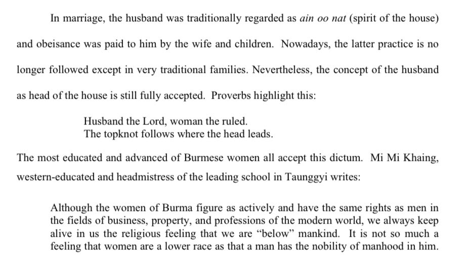 Despite these advances, our greatest women still saw men as head of the household, thanks to dated views of Buddhism and animism (i.e. religion).The Myanmar military and fake monks then spent 60 years reinforcing this bullsh!t. https://etheses.bham.ac.uk/id/eprint/2981/1/Gay11PhD.pdf #WhatsHappeningInMyanmar