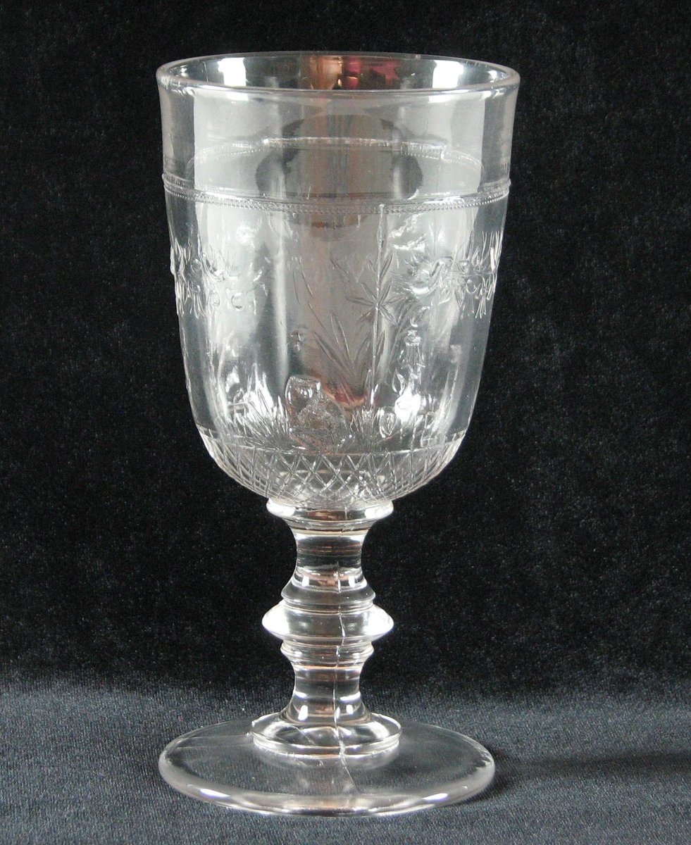 April is National Frog Month! One artifact to celebrate frogs is this water goblet circa 1875-1888. A rare and detailed pattern was created by pressing a mold onto the glass while hot.  #Frog #frogmonth2021 #OPM