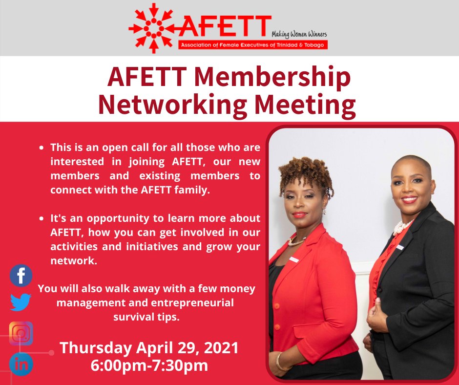 AFETTEXECS's tweet photo. Our next Membership Meeting Thursday April 29, 2021 https://t.co/pBWipXRero #ConnectwithAFETT #AFETT #makingwomenwinners   #moneymanagement #entrepreneurialsurvival #AFETTmembers https://t.co/j4Bf9uVMyD