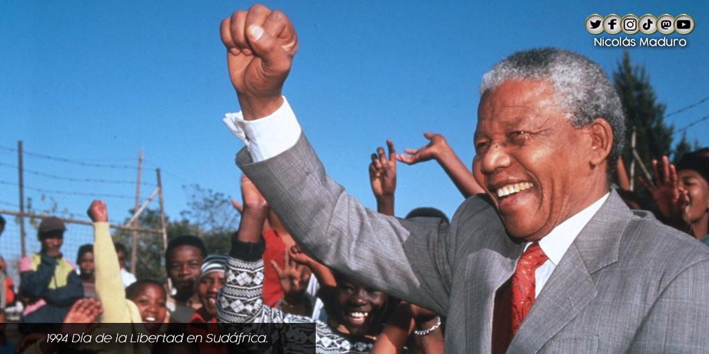 Venezuela celebra junto al pueblo sudafricano, el 27° Aniversario del Día de su Libertad. Fecha que recuerda la histórica victoria del gran Nelson Mandela en las primeras elecciones que puso fin a la segregación racial y el colonialismo. ¡Mis saludos a la Madre África!
