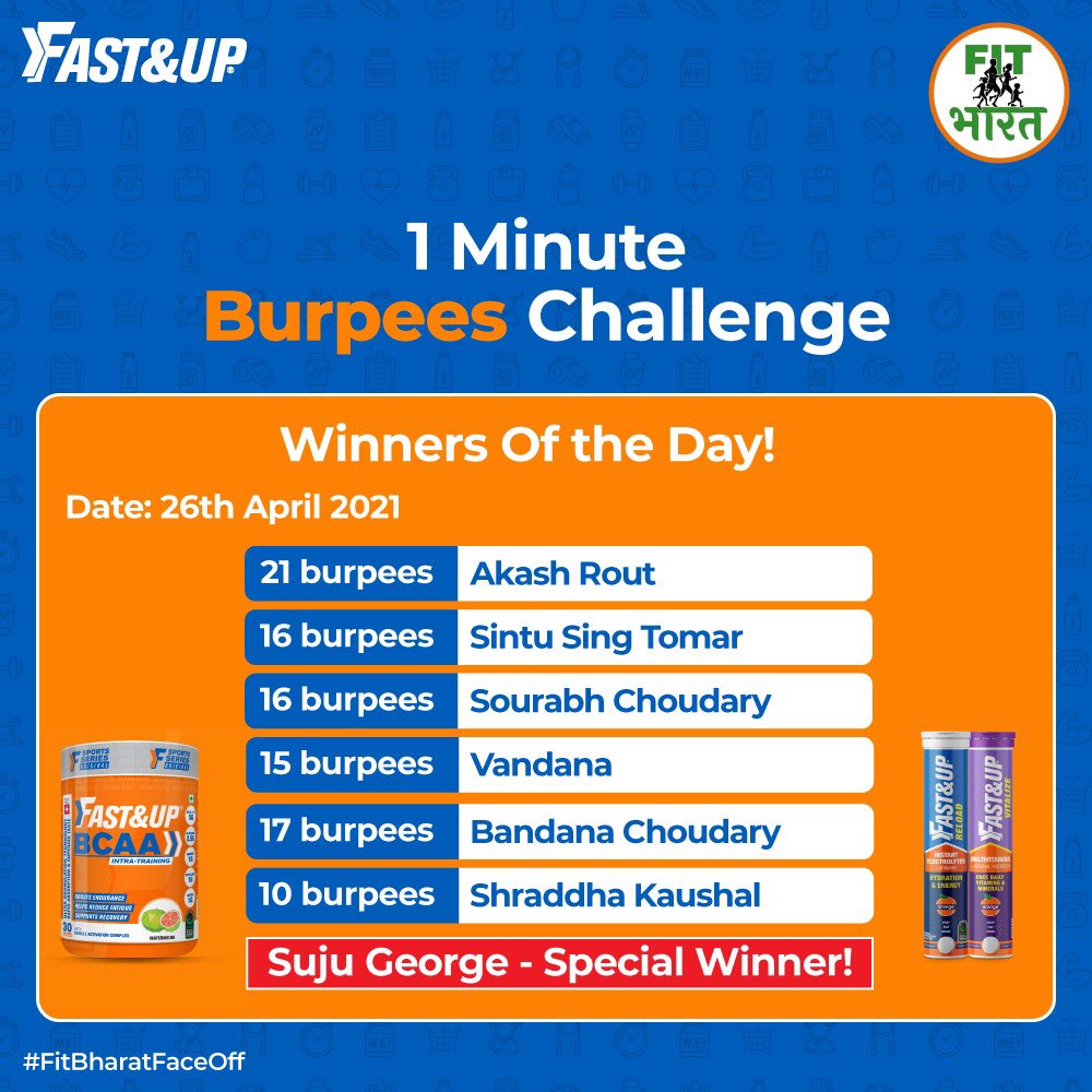 TheFitistan's tweet photo. Day 1 Winners of #burpees  challenge
Congrats winners 🌺💪
#FirbharatFaceOff @FastandUp_India 
Note - Participants focus on correct technique plz 🙏
#FitIndiaMovement https://t.co/yqvx26EtHW