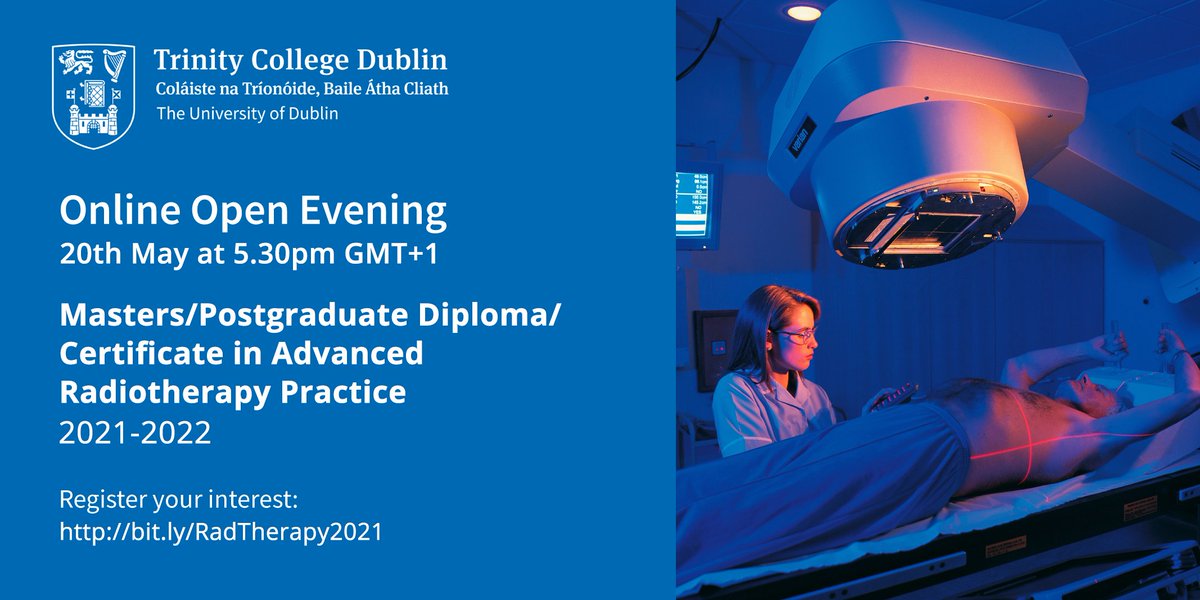 Learn more about @tcddublin's postgraduate courses in Advanced Radiotherapy Practice with a free information webinar. Join us on May 20th at 5.30pm GMT+1. #radiationtherapy #postgrad #thinktrinity bit.ly/RadTherapy2021