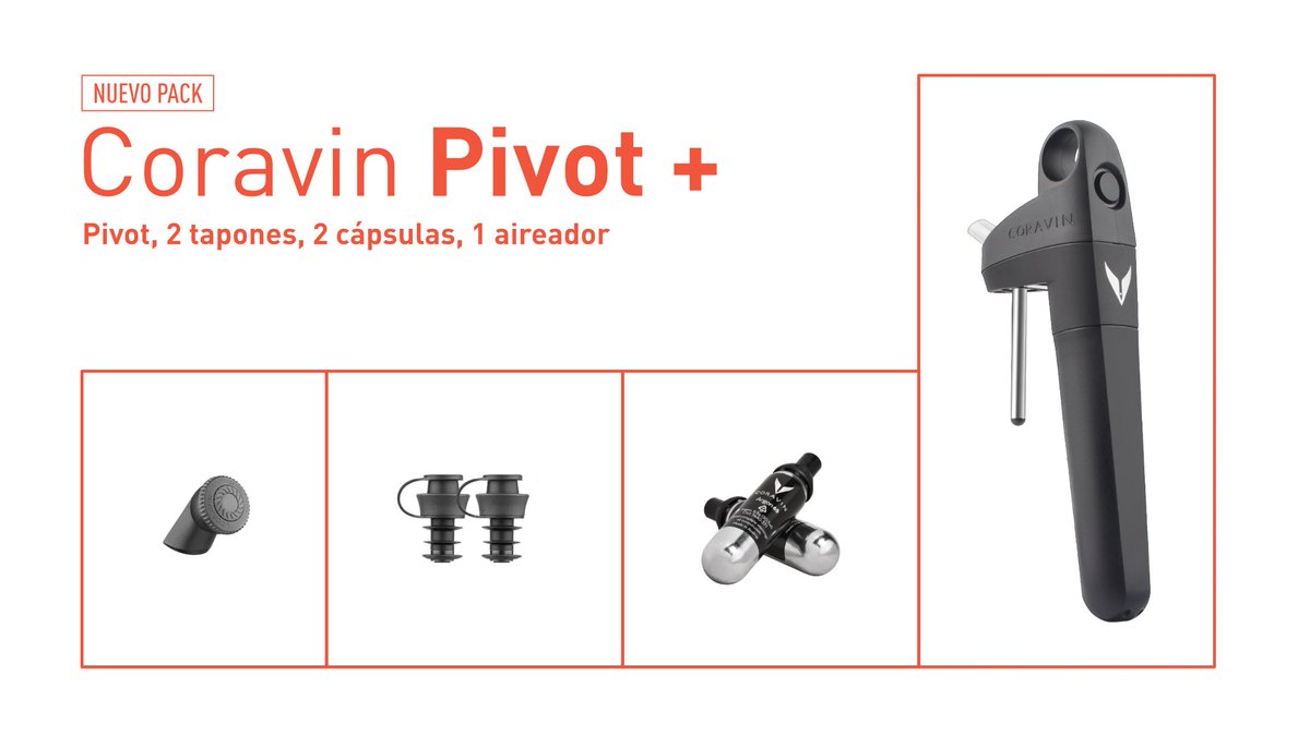 ⚡ ¡Tenemos novedades!

Estrenamos el nuevo pack Coravin Pivot + con el que podrás disfrutar de la experiencia completa Coravin a un precio especial.

Incluye: 
🏷Pivot
🏷 2 tapones Pivot
🏷2 cápsulas Coravin Pure
🏷1 Aireador Pivot´

🛍 Consíguelo en coravin.com.es/es/products/pi…