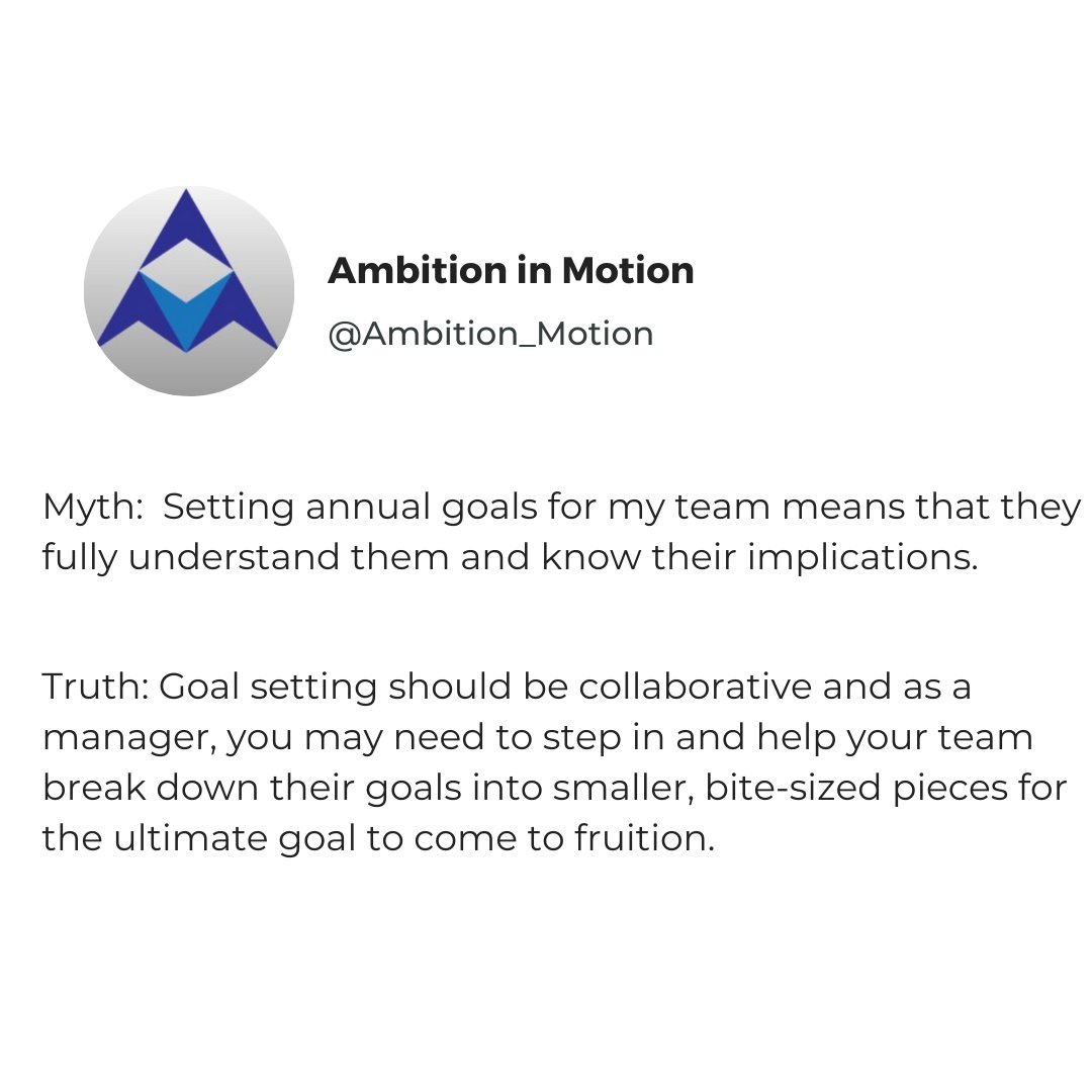 Myth: Setting annual goals for my team means that they fully understand them and know their implications. 

Truth: Goal setting should be collaborative and as a manager, you may need to step in and help your team break down their goals into smaller, bite-sized pieces.
#teamgoals