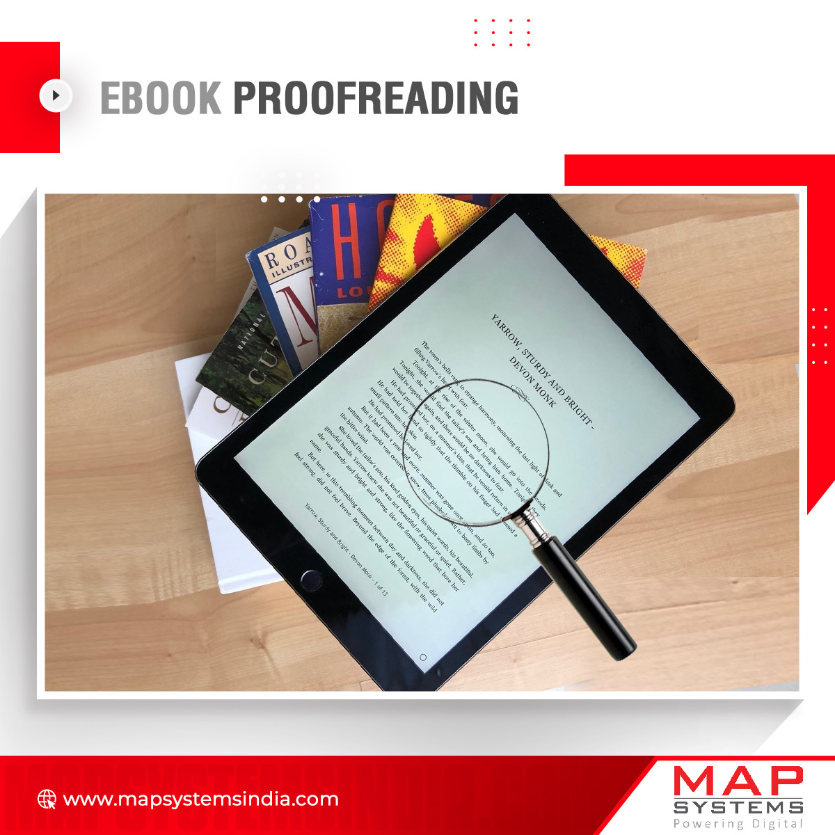 MapSystemsIndia's tweet image. Get access to fast, affordable, and professional proofreading. The eBook proofreading services at MAP Systems can help you achieve error-free eBooks ready for publishing.
bit.ly/2QrTqa1
#eBookProofreading #Prepress