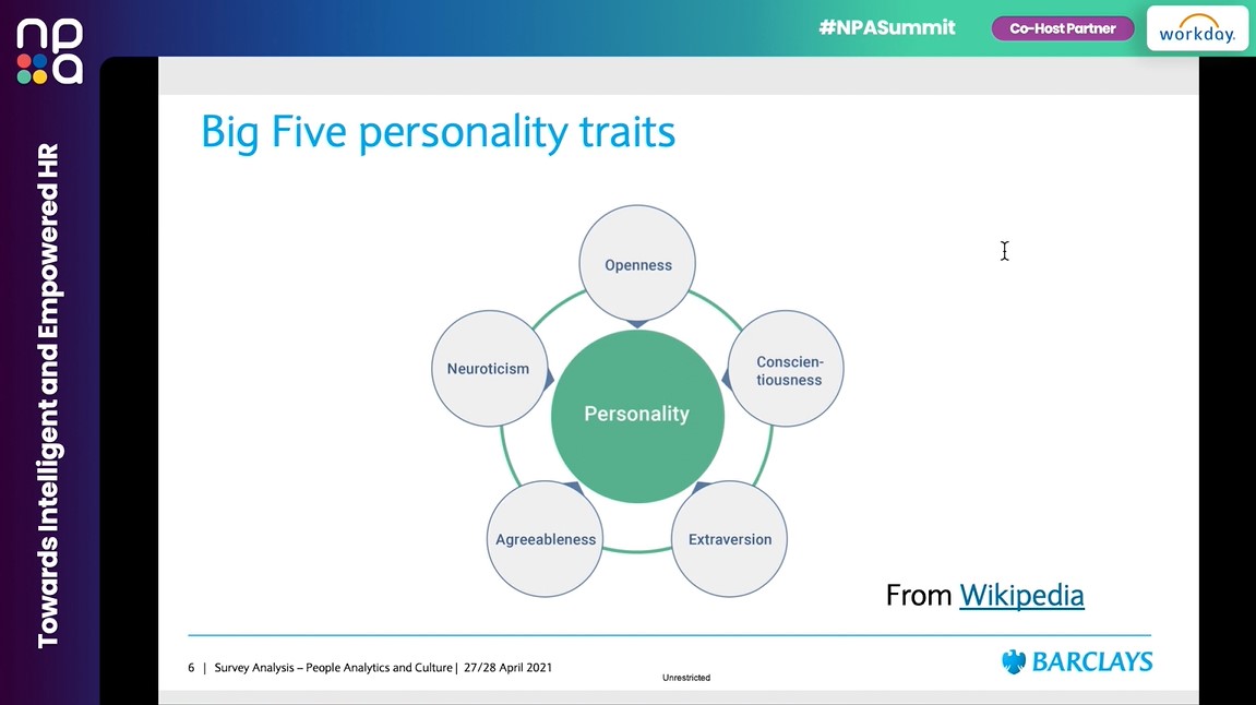 NPASummit's tweet image. Rafael Valero-Fernandez presents one of the most famous survey case studies of #psychometricanalysis questionnaire which is based on #personalitytraits and helps understand different personalities of people and maps them across the 5 dimensions.

#NordicPeopleAnalyticsSummit
