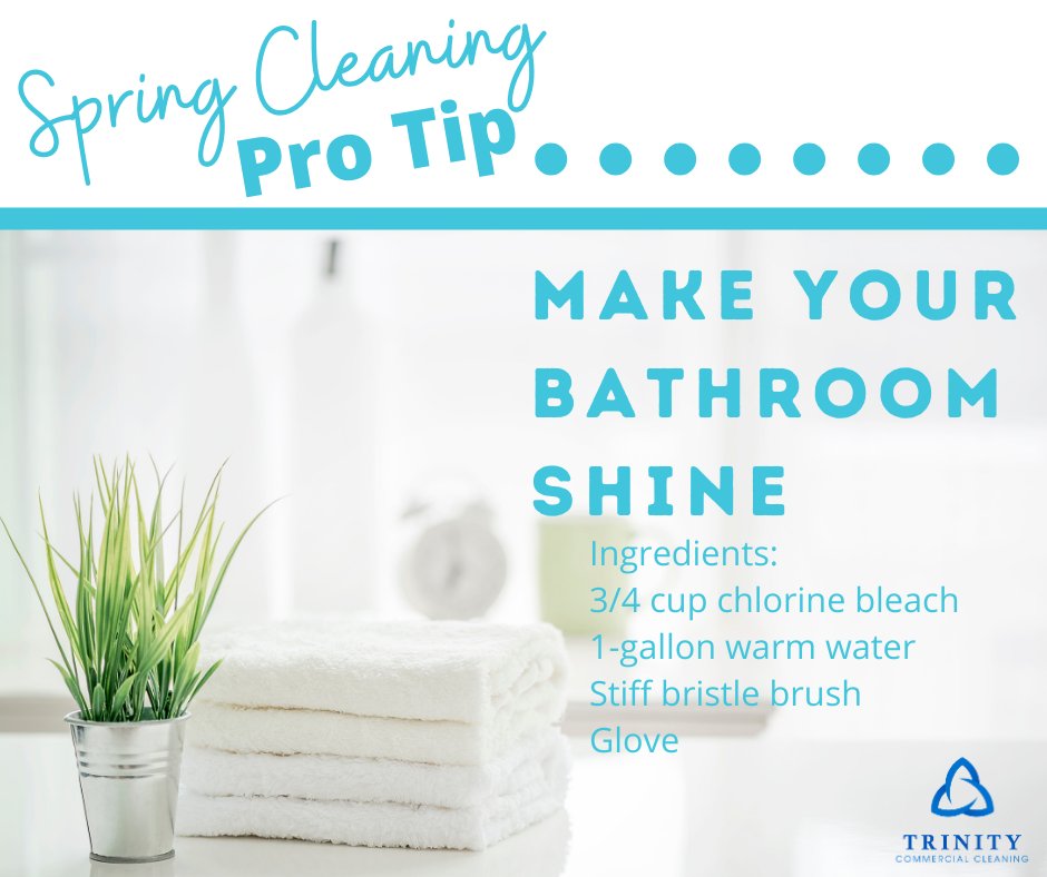TrinityComClean's tweet image. To clean grimy grout, mix 3/4 cup household chlorine bleach with 1-gallon water and use a stiff brush to apply to one small area at a time. (Wear rubber gloves and eye protection.) Let sit for several minutes, scrub and rinse. #protiptuesday #officecleaning #cleaninglakenorman