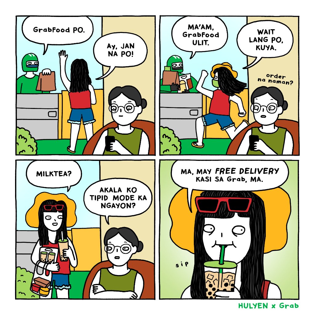 grabph's tweet photo. Sinong relate? Mula umaga hanggang gabi, may dumadating na Kuya Grab. 👀  We see you 👀 

Use BAHAYCATION for free delivery! 💚 #GrabBahaycation https://t.co/5XMNuv3ahh